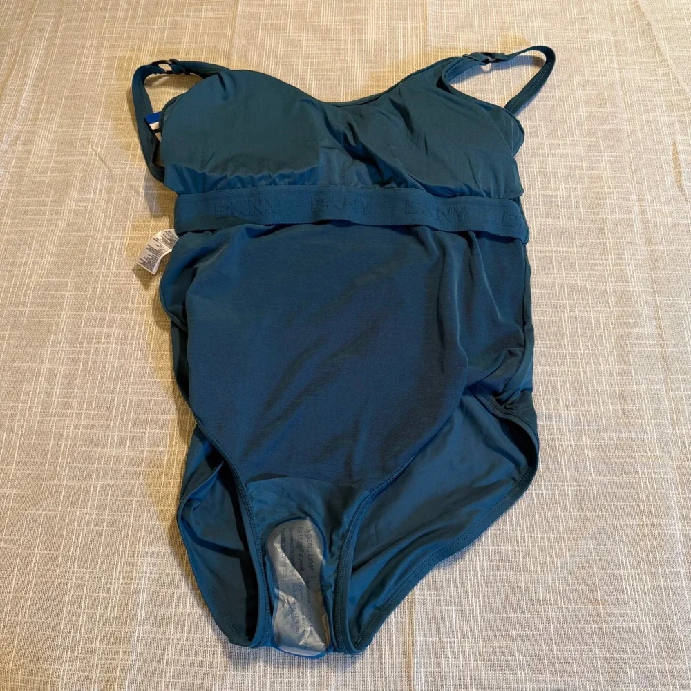 DKNY Womens Tiered Ruffle One Piece Swimsuit Dark Teal Blue Size Large NEW - Picture 5 of 7